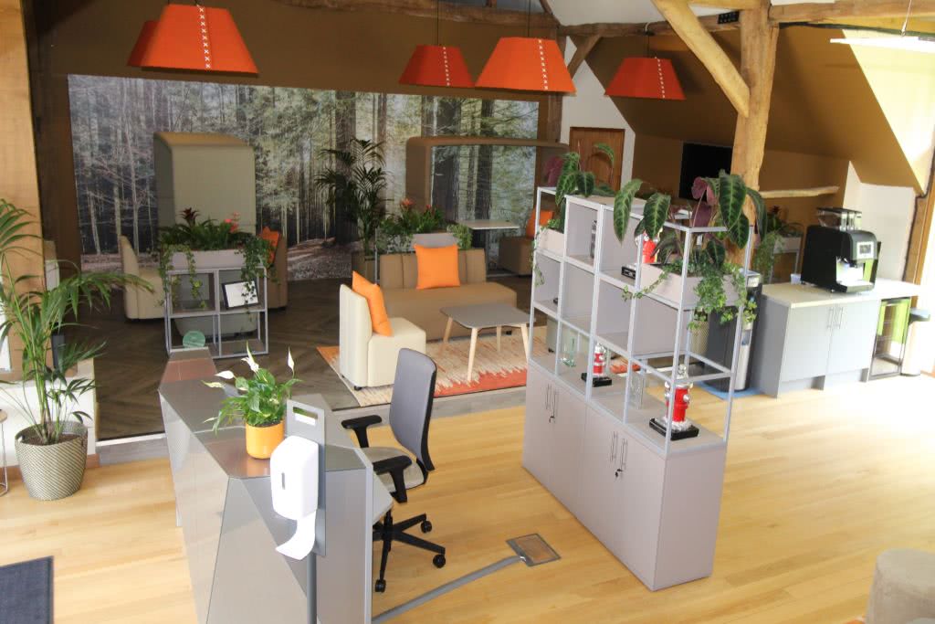 Can I have a Google Office Design - Colourful reception area with orange light shades, floral feature wall and grey reception furniture.