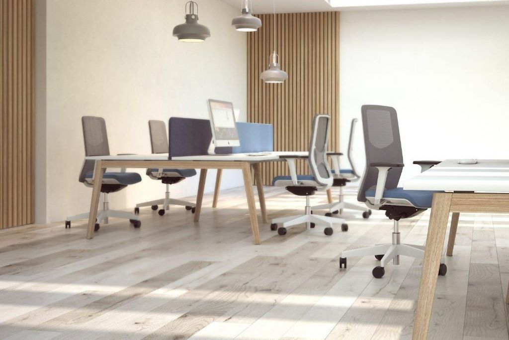 The Benefits Of Incorporating Wood Into Your Workplace - Wooden desks with painted walls and wooden slat features